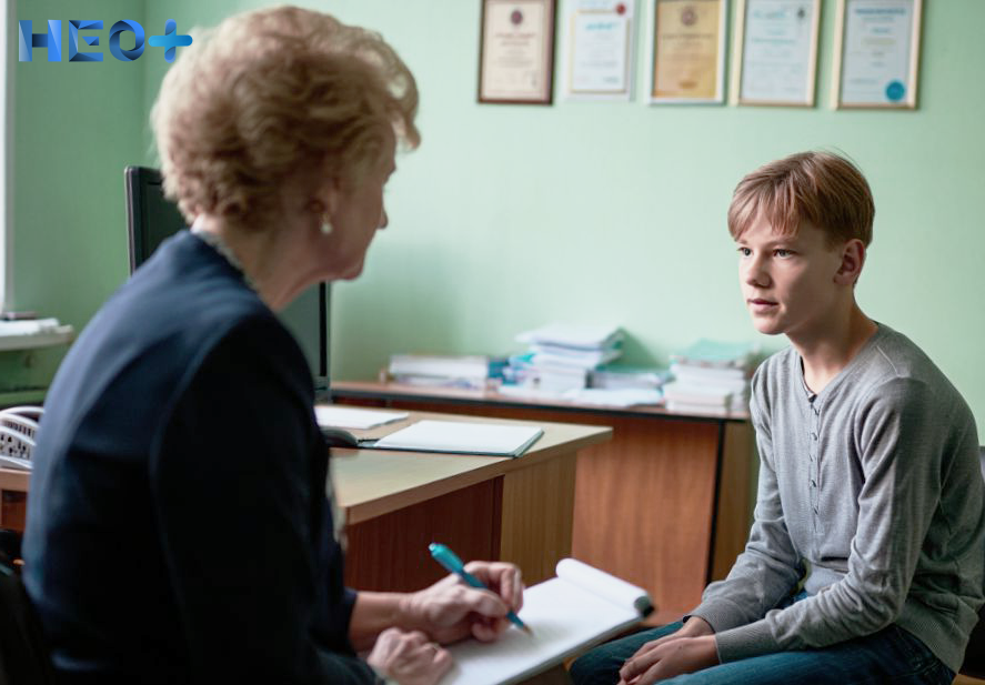 подросток на консультации у психолога, психолог что-то записывает в свой блокнот